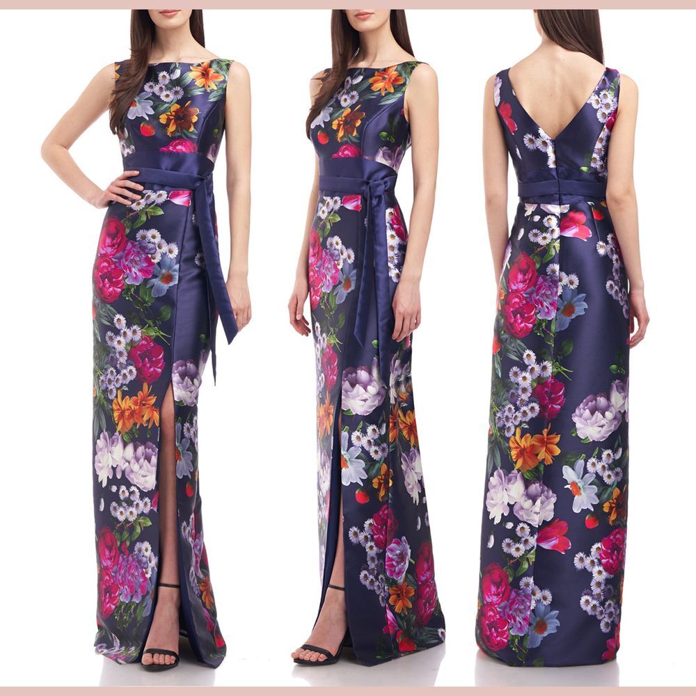 NWD $298 KAY UNGER [ 6 ] Floral Mikado Carina Column Gown Midnight Purple‎